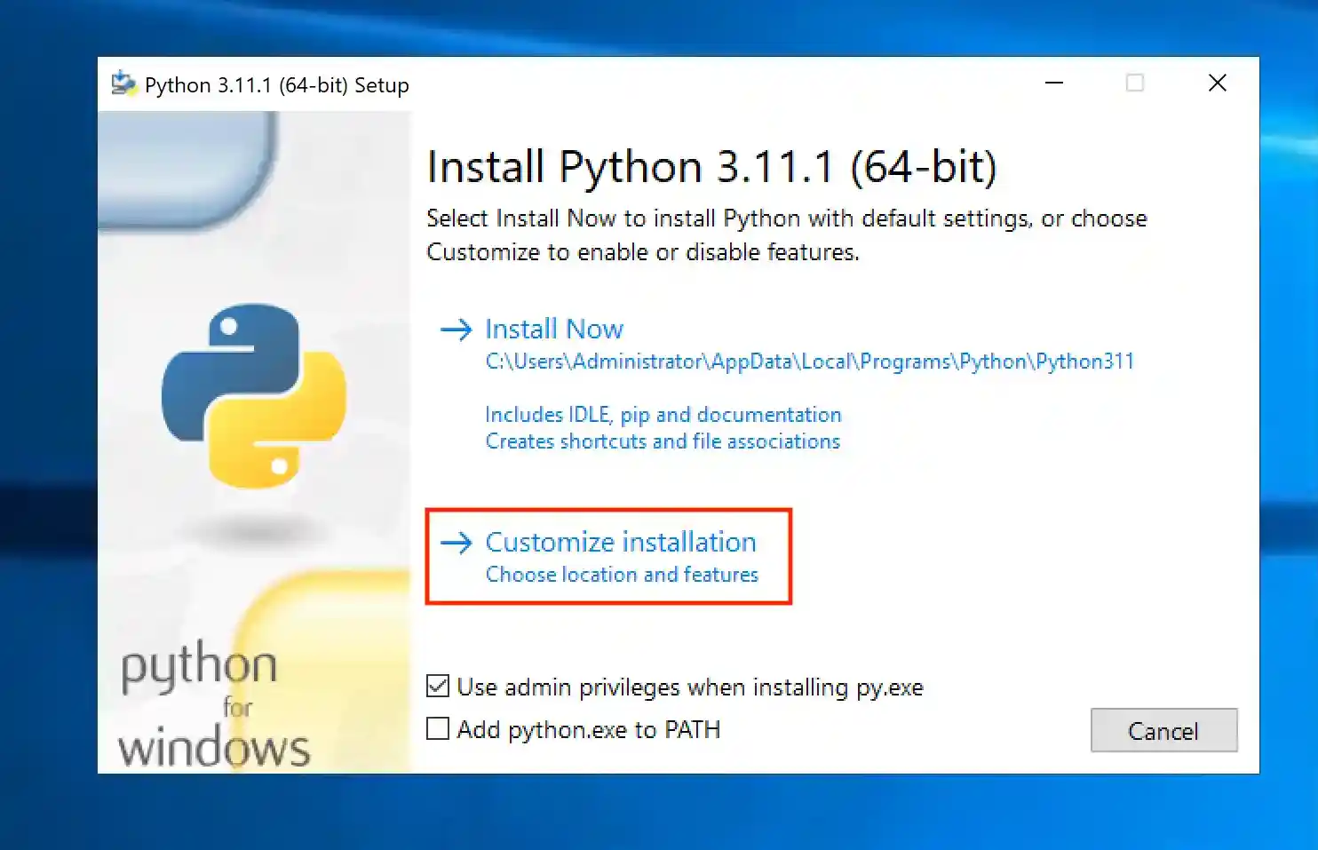 Windows setup screen for Tkinter