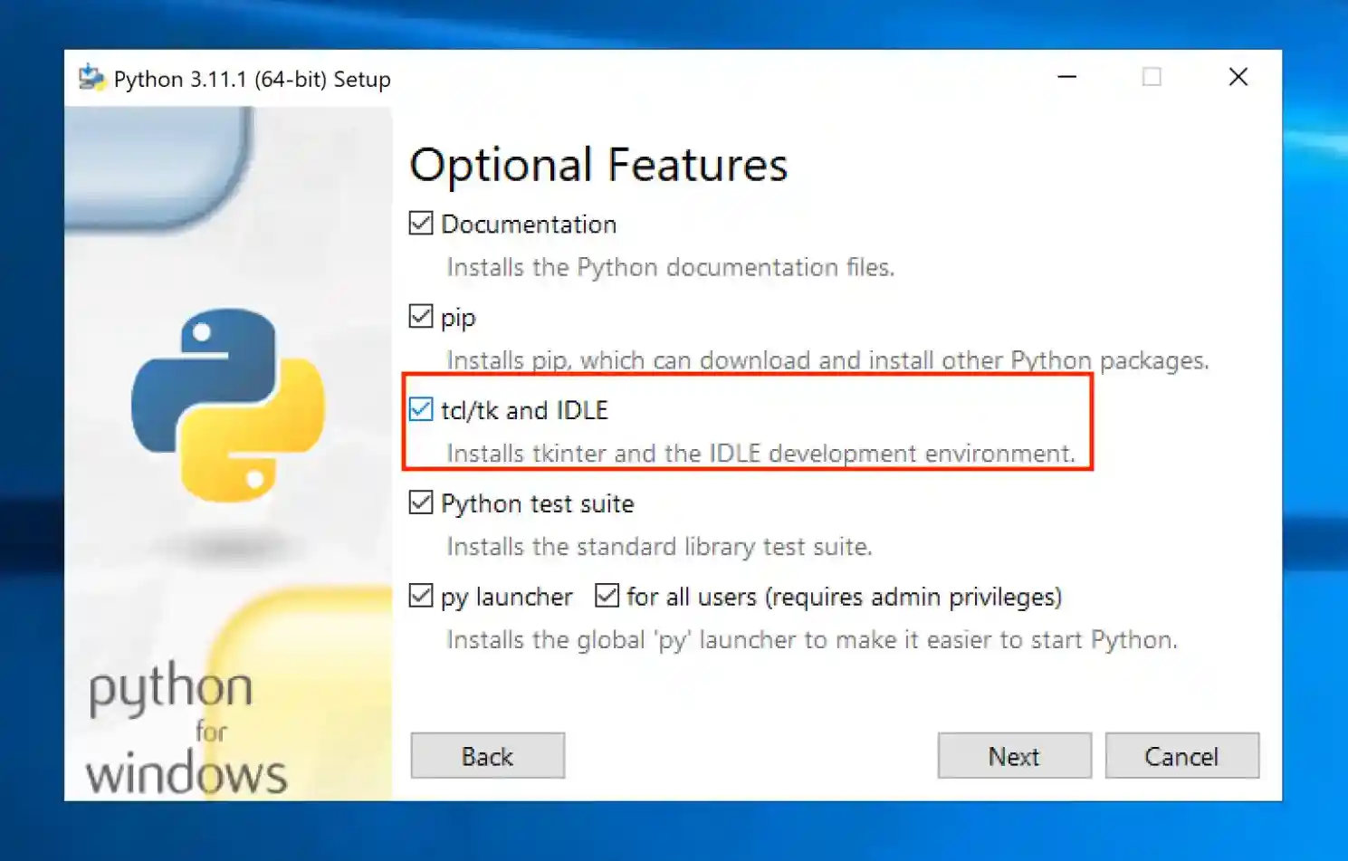 Windows setup screen for Tkinter